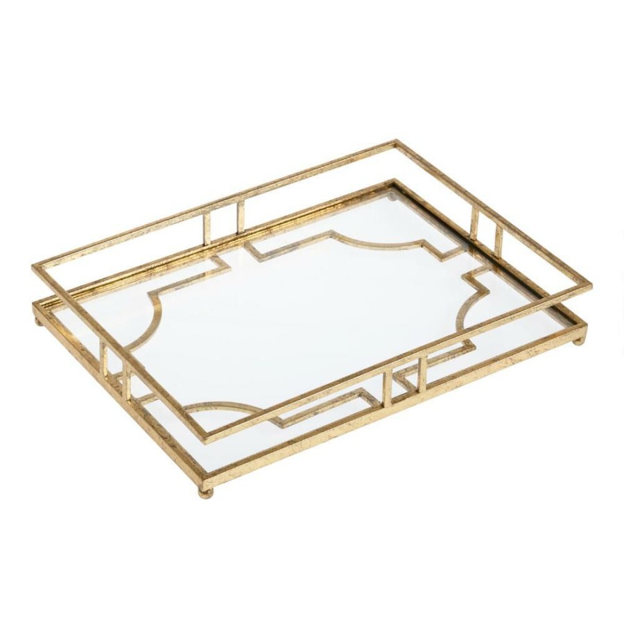 Serveware * | World Market Antique Gold Metal And Glass Bar Tray