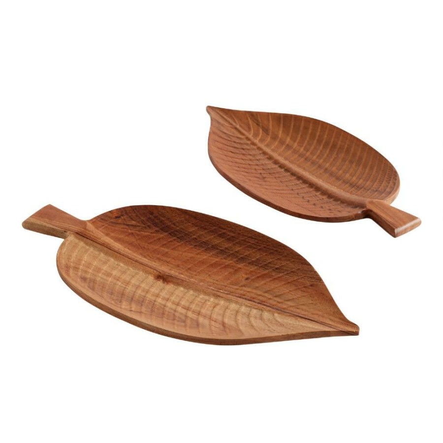 Serveware * | World Market Acacia Wood Leaf Shaped Serving Tray