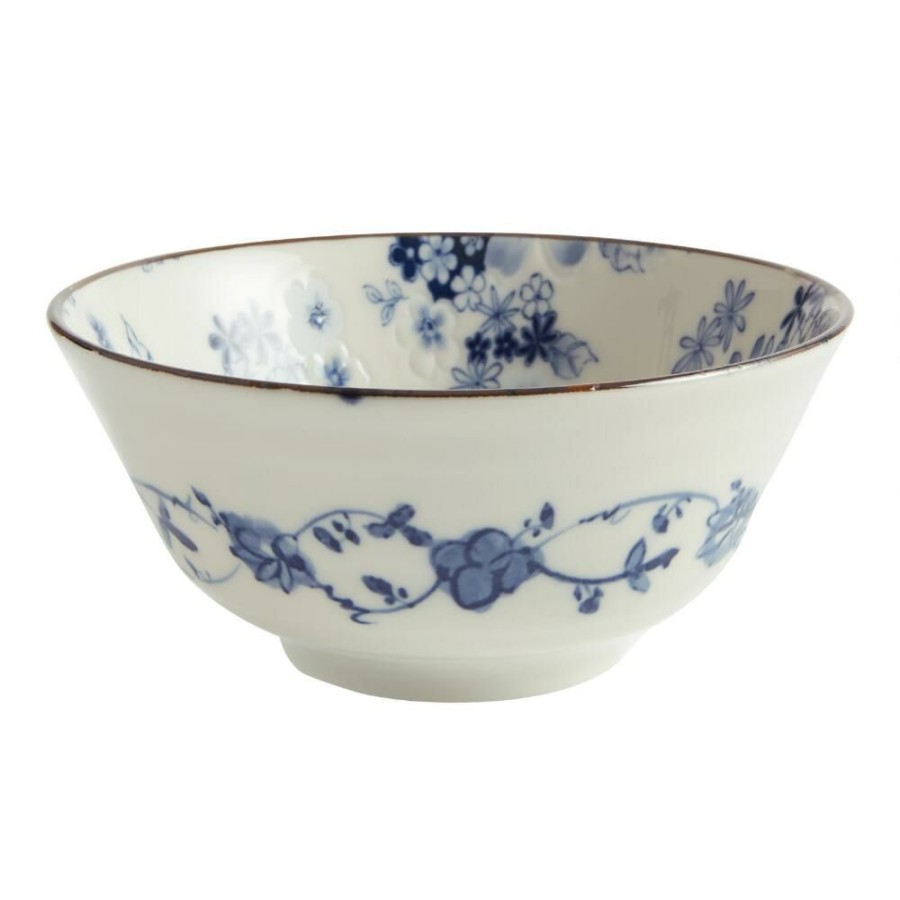 Dinnerware * | World Market Large Blue And White Porcelain Pansy Noodle Bowl