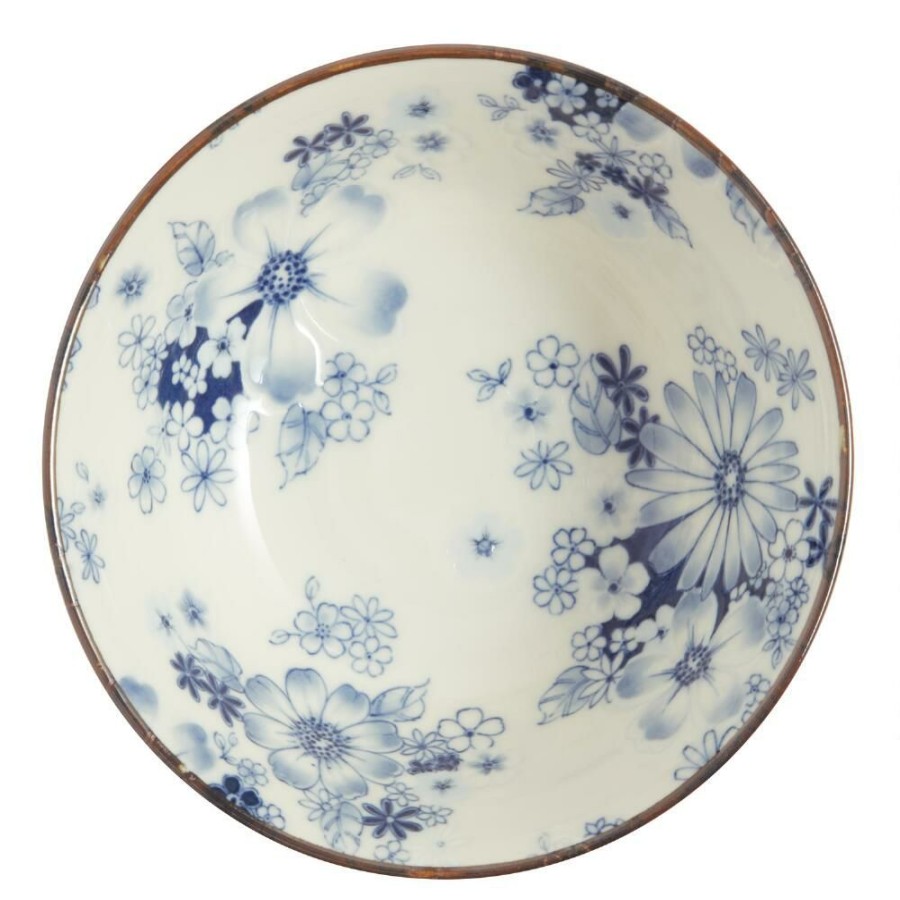 Dinnerware * | World Market Large Blue And White Porcelain Pansy Noodle Bowl