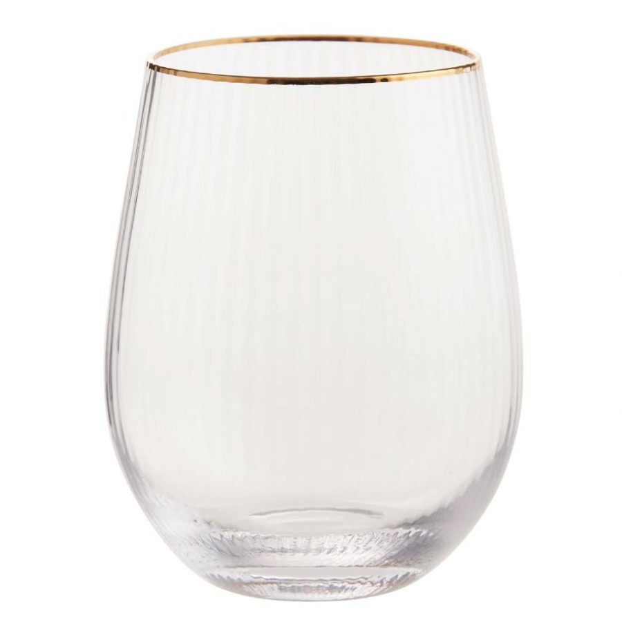 Drinkware * | World Market Gold Rim Ribbed Stemless Wine Glass Set Of 2