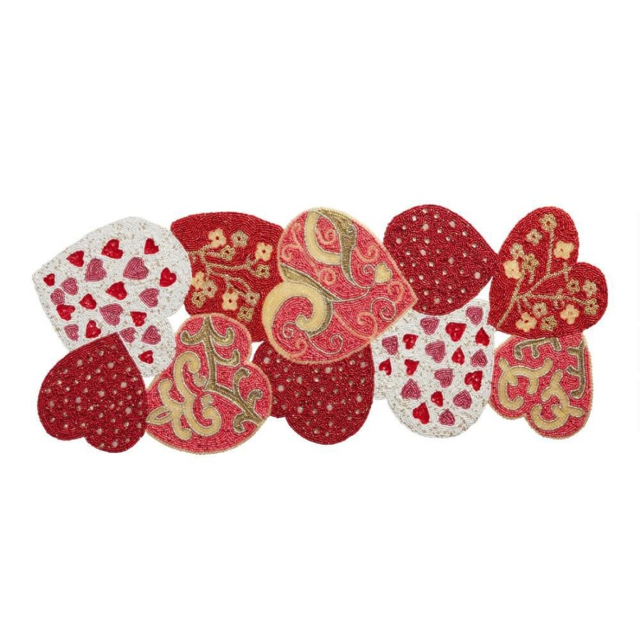 Table Linens * | World Market Pier Place Red And Pink Hearts Beaded Table Runner