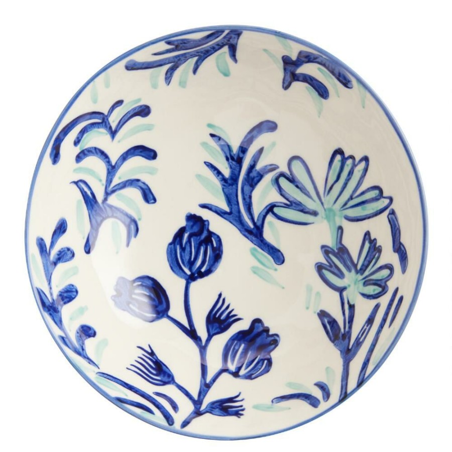 Dinnerware * | World Market Large Blue And Aqua Floral Hand Painted Bowl