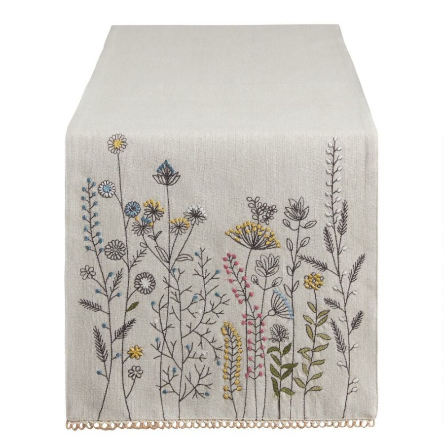 Table Linens * | World Market Natural Multicolor Embroidered Floral Table Runner