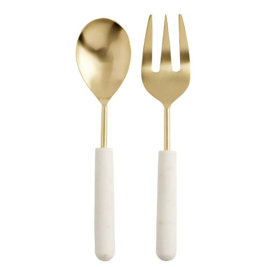 Flatware * | World Market Gold Metal And White Marble Salad Servers 2 Piece Set