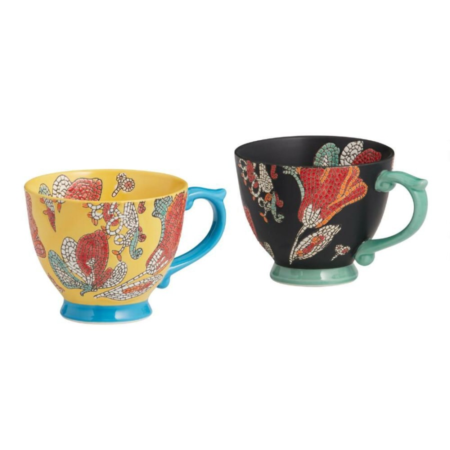 Drinkware * | World Market Multicolor Floral Mosaic Hand Painted Ceramic Mug Set Of 2