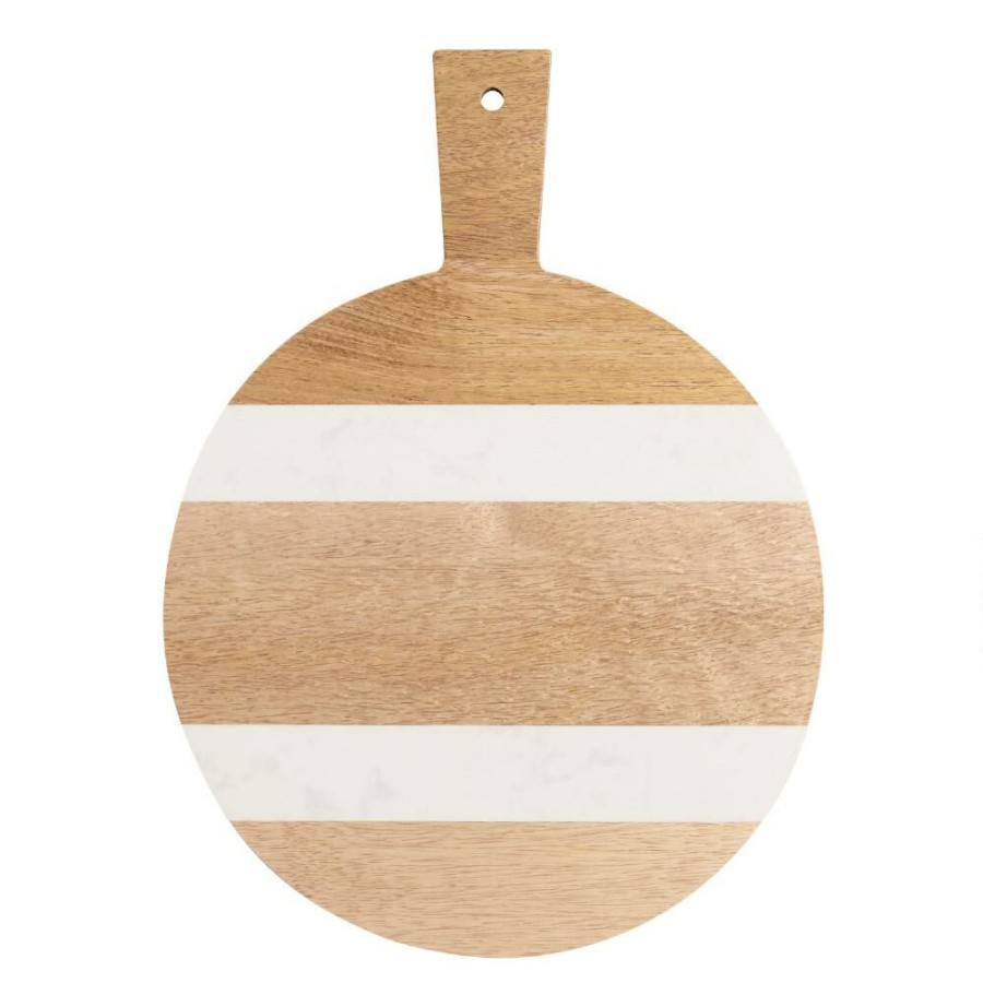 Serveware * | World Market Small Round Wood And White Marble Paddle Cutting Board