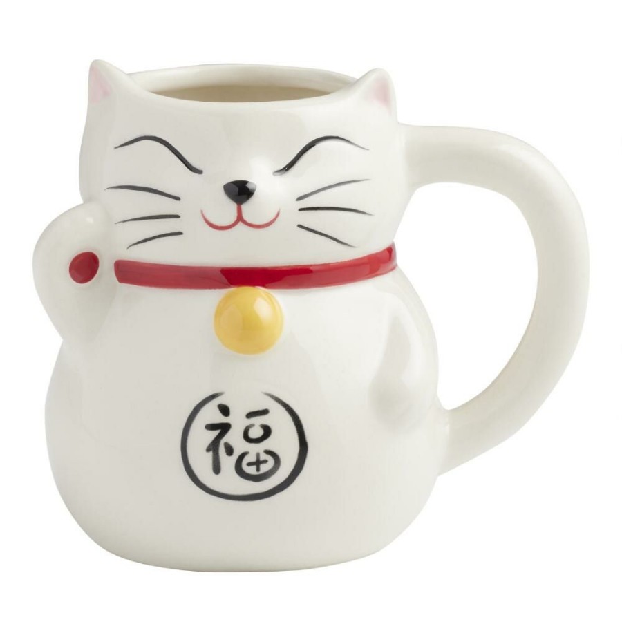 Drinkware * | World Market White Lucky Cat Figural Ceramic Mug