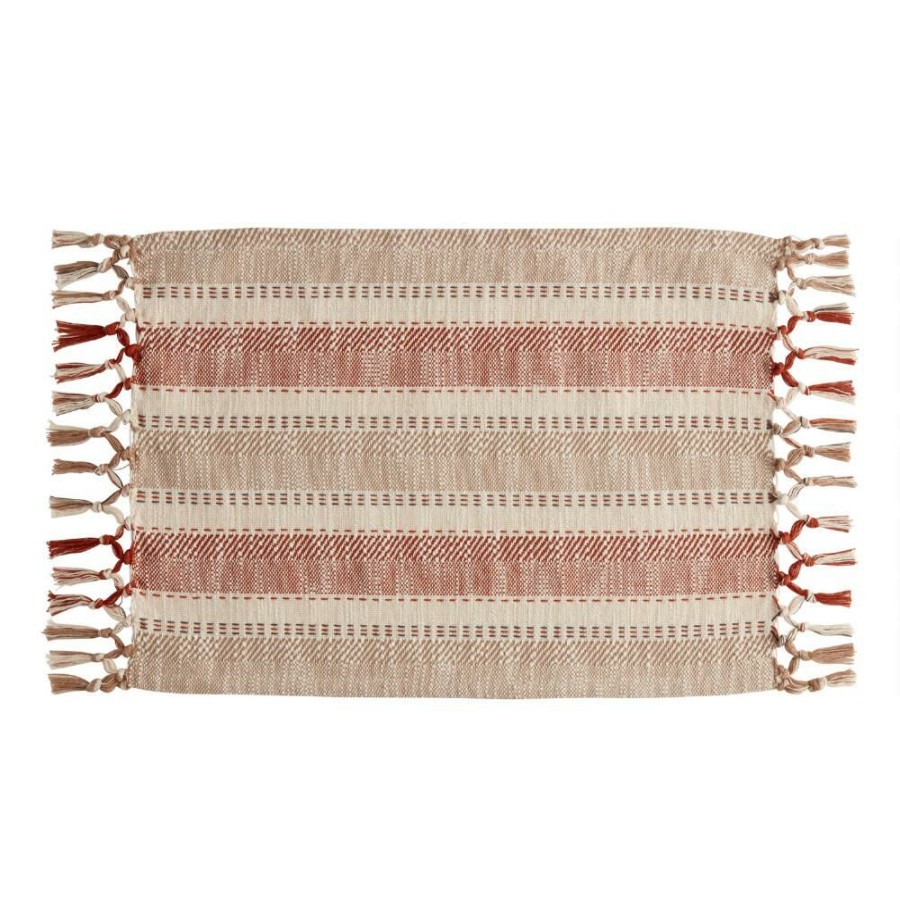 Table Linens * | World Market Terracotta Stripe Woven Knotted Placemats Set Of 4