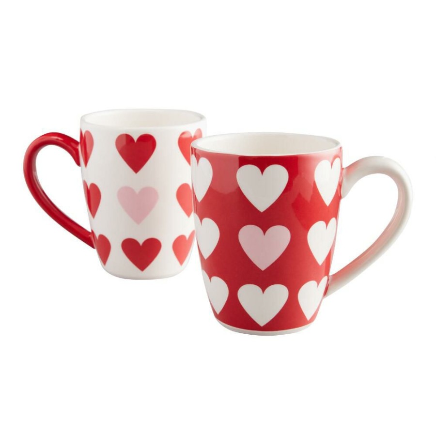 Drinkware * | World Market White, Pink And Red Heart Ceramic Mug Set Of 2