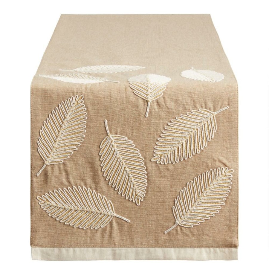 Table Linens * | World Market Natural And Ivory Embroidered Leaves Table Runner