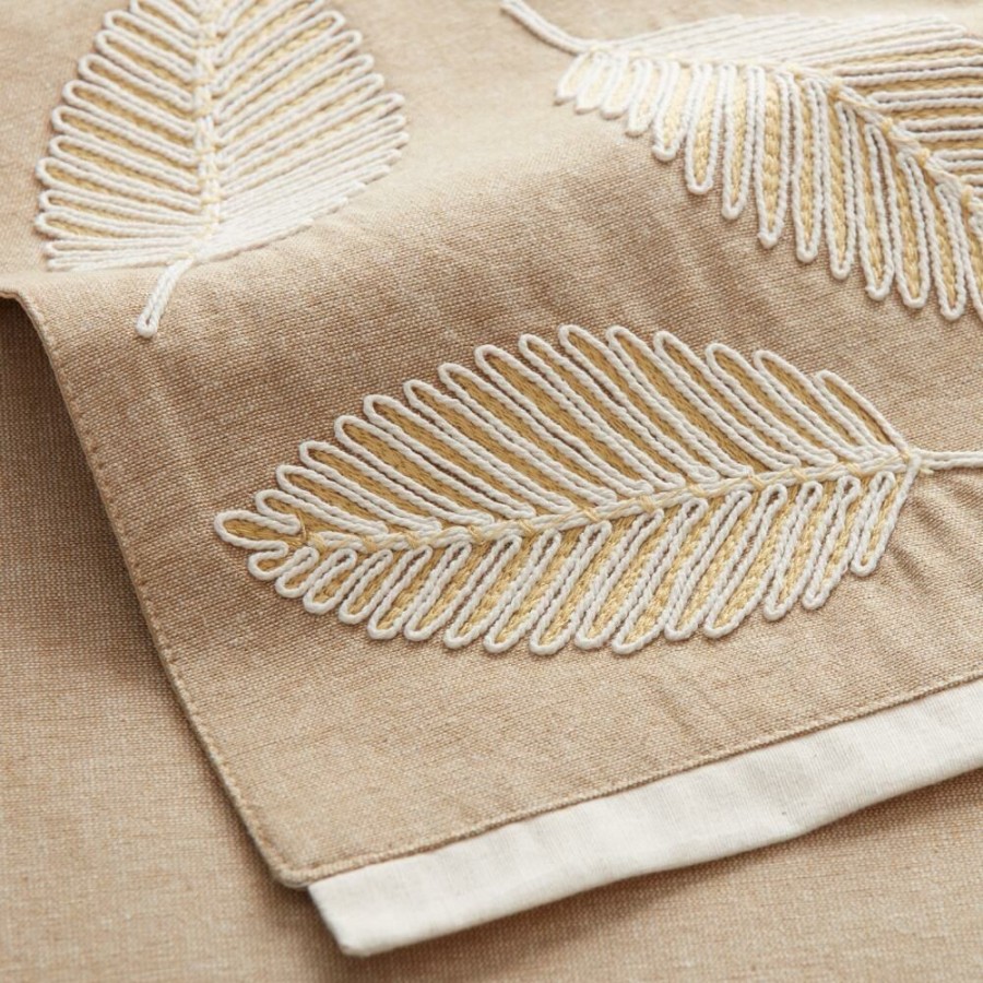 Table Linens * | World Market Natural And Ivory Embroidered Leaves Table Runner