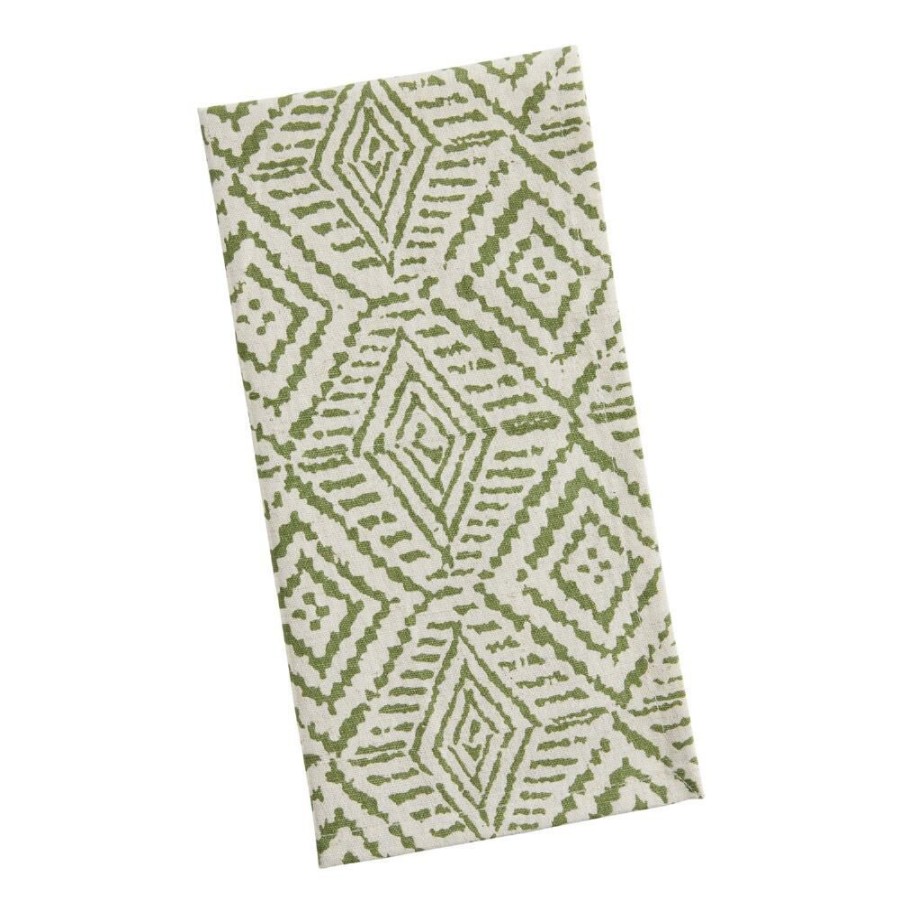 Table Linens * | World Market Green Block Print Pattern Cotton Blend Napkins Set Of 2