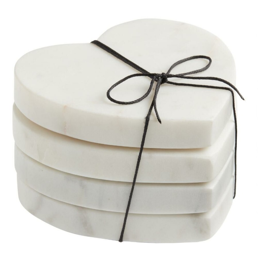 Bar * | World Market White Marble Heart Coasters 4 Pack