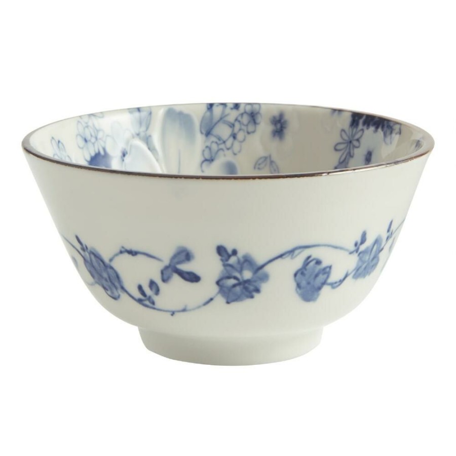 Dinnerware * | World Market Small Blue And White Porcelain Pansy Noodle Bowl