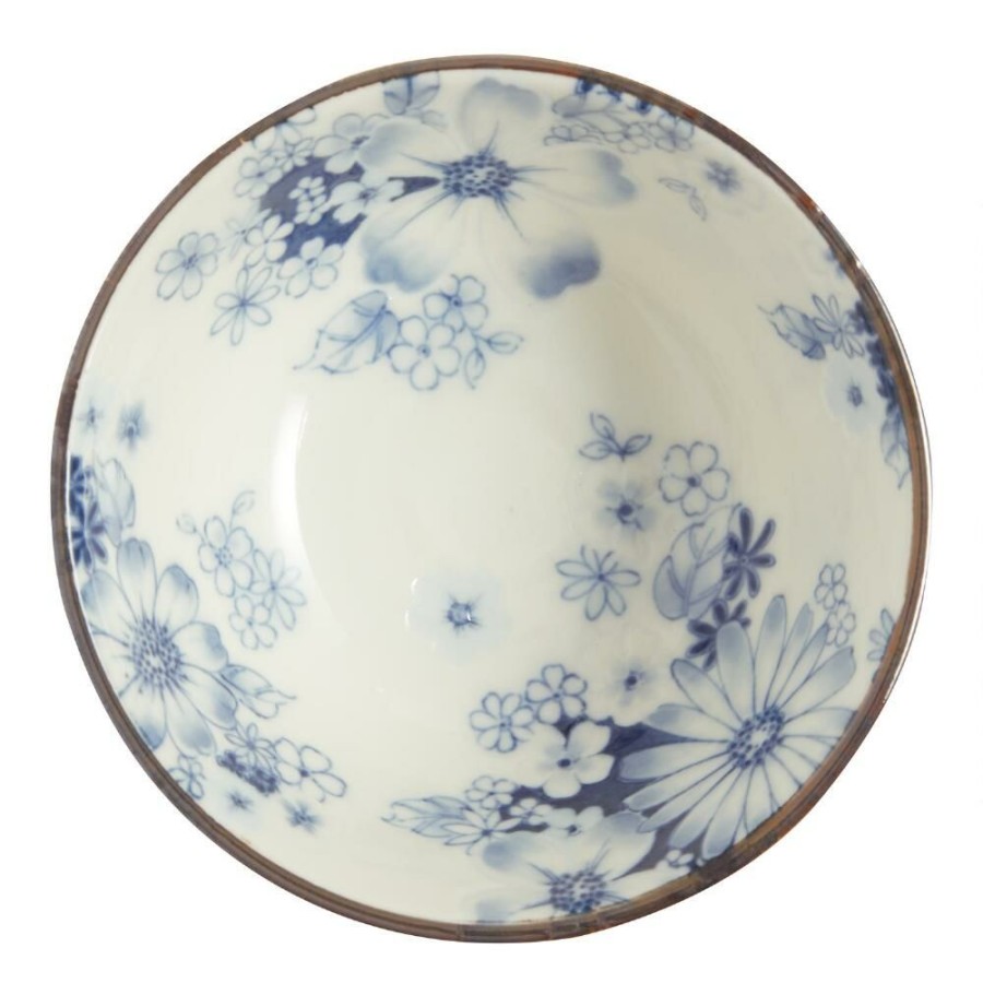 Dinnerware * | World Market Small Blue And White Porcelain Pansy Noodle Bowl