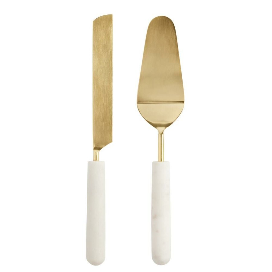 Flatware * | World Market Gold Metal And White Marble Cake Servers 2 Piece Set