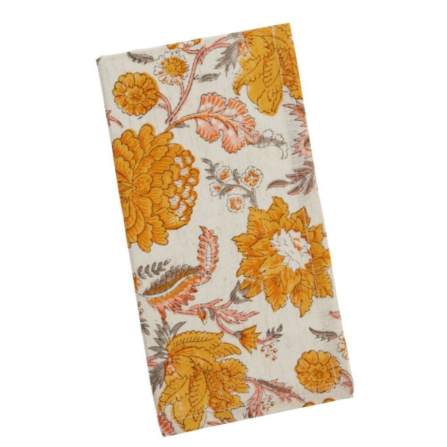 Table Linens * | World Market White And Orange Floral Block Print Napkin Set Of 2