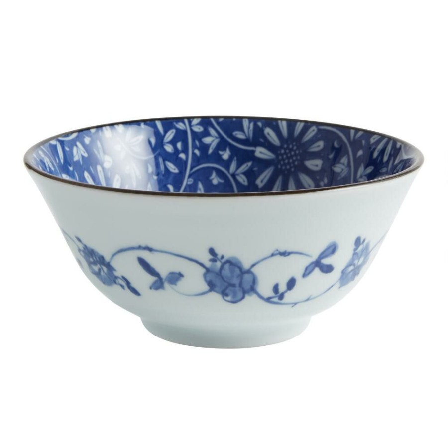 Dinnerware * | World Market Large Blue And White Porcelain Floral Noodle Bowl