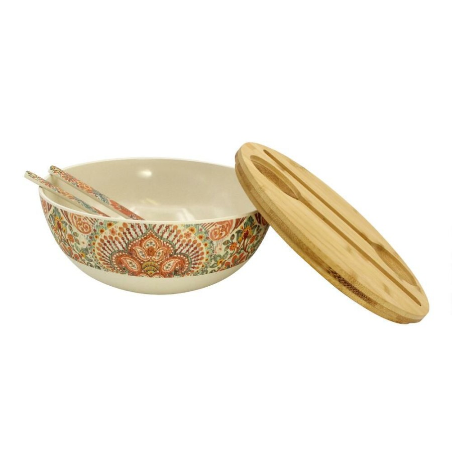 Serveware * | World Market Paisley Bamboo Fiber Serving Bowl And Salad Servers Set