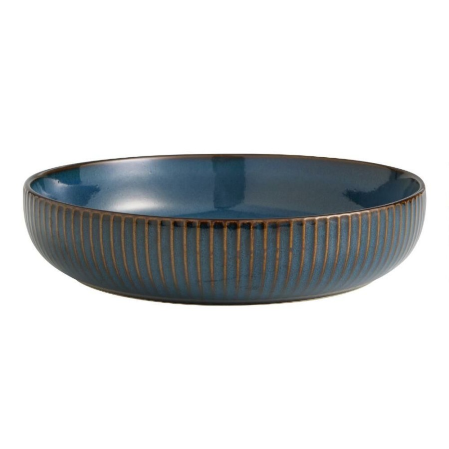 Dinnerware * | World Market Blue Reactive Glaze Ribbed Low Bowl