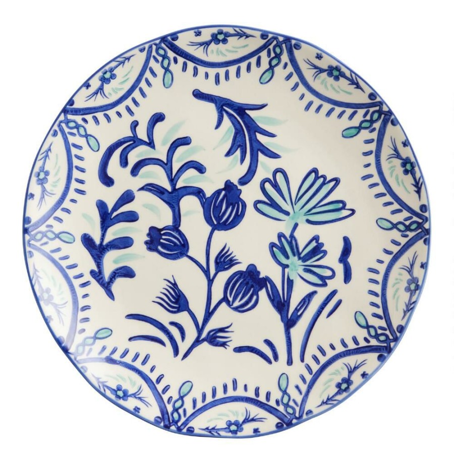 Dinnerware * | World Market Blue And Aqua Floral Hand Painted Dinner Plate