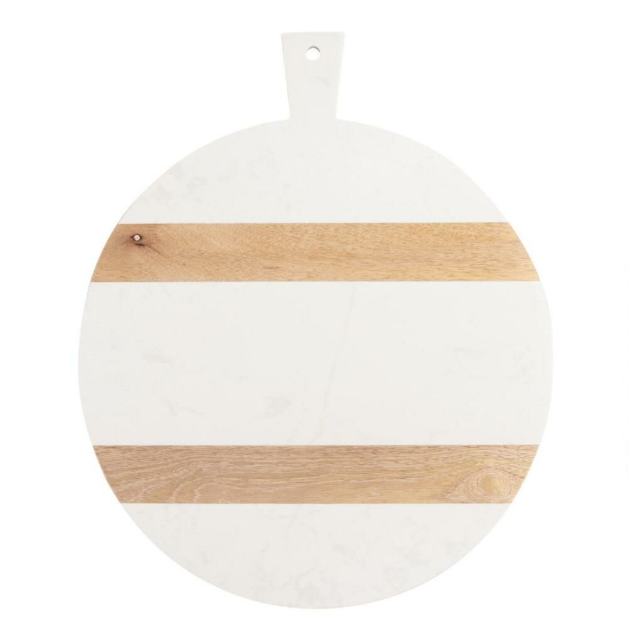 Kitchen Tools & Accessories * | World Market Large Round White Marble And Wood Paddle Cutting Board