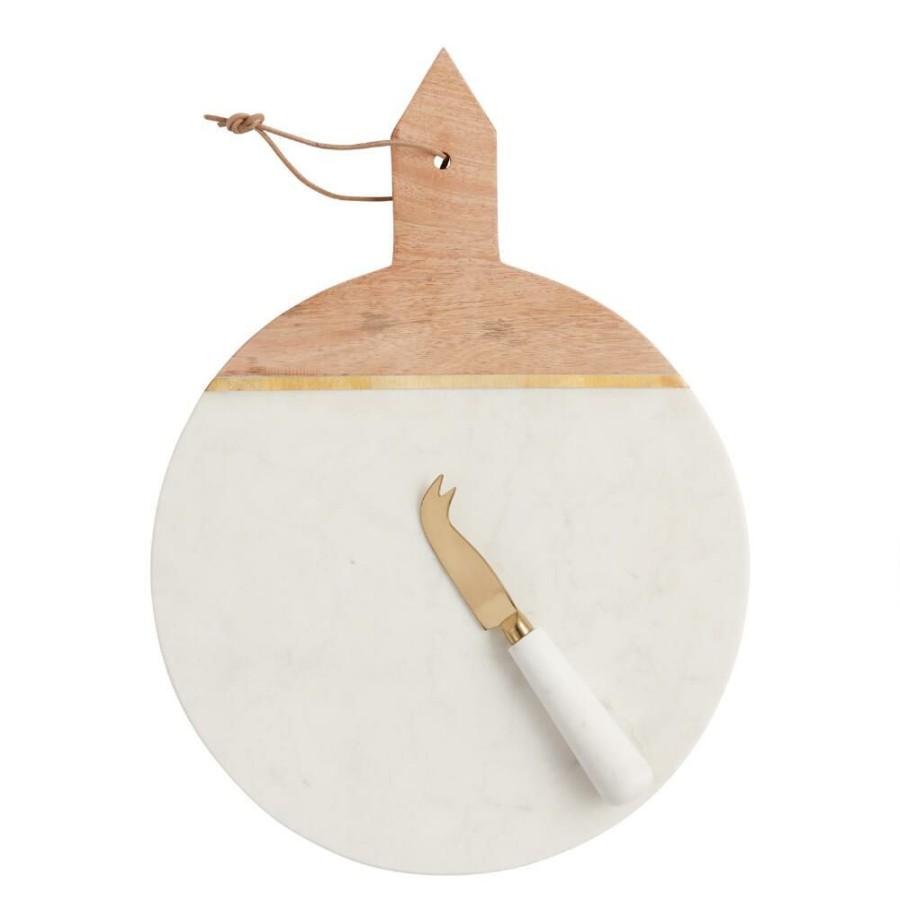 Serveware * | World Market White Marble And Wood Cheese Board And Knife Set