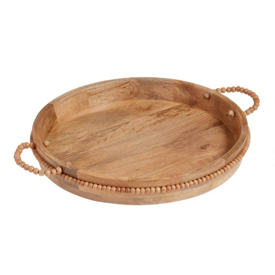 Serveware * | World Market Round Mango Wood Beaded Bar Tray