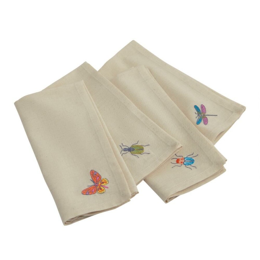 Table Linens * | World Market White Cotton Embroidered Bug Napkins Set Of 4