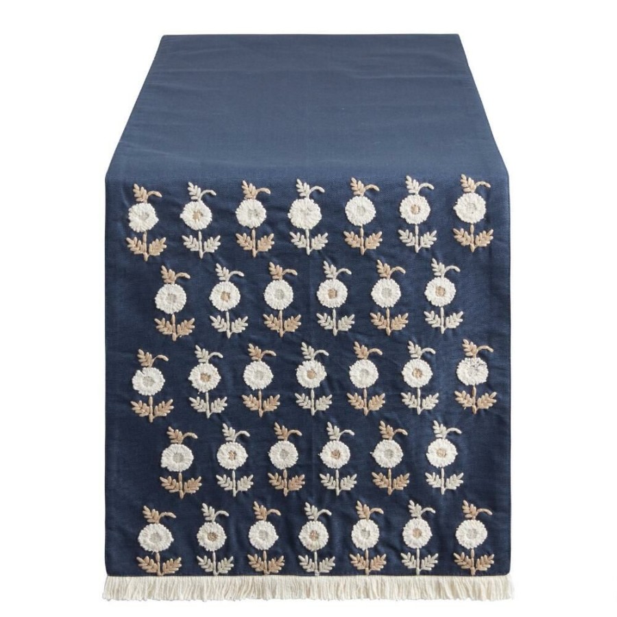 Table Linens * | World Market Navy And White Embroidered Floral Table Runner