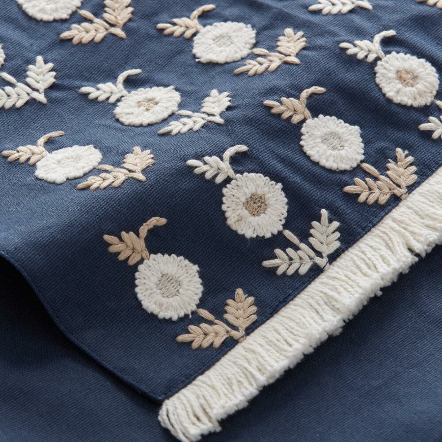 Table Linens * | World Market Navy And White Embroidered Floral Table Runner