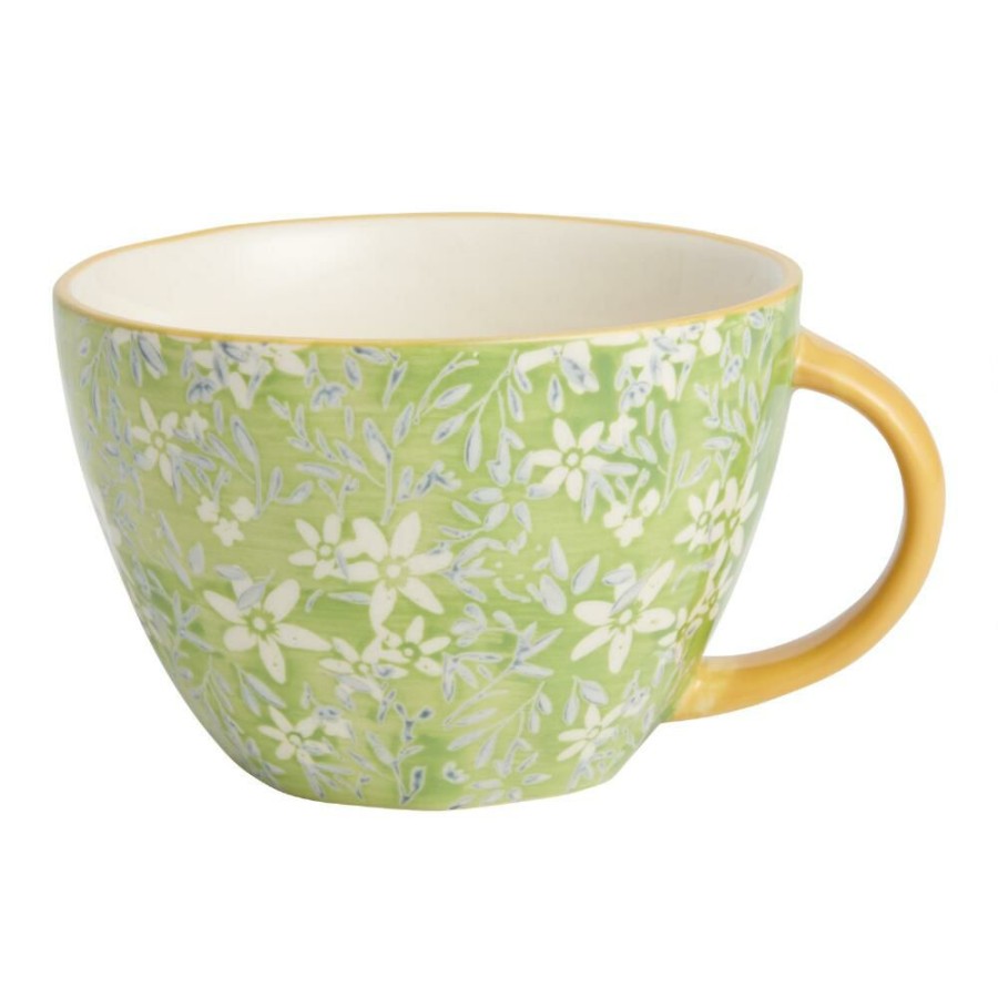 Drinkware * | World Market Green And White Floral Hand Painted Ceramic Mug