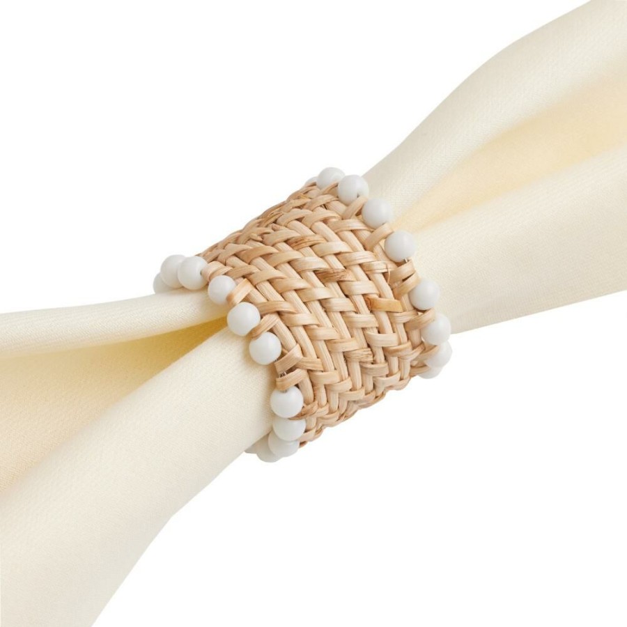 Table Linens * | World Market Woven Cane And White Bead Napkin Ring