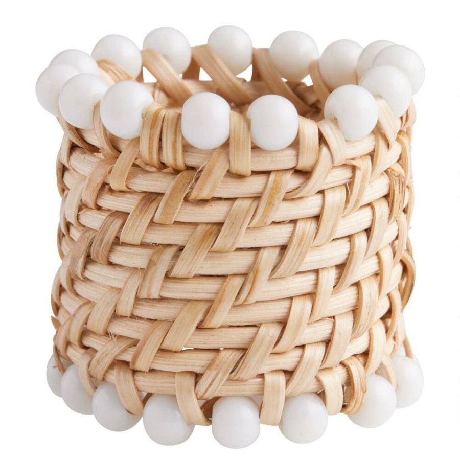 Table Linens * | World Market Woven Cane And White Bead Napkin Ring