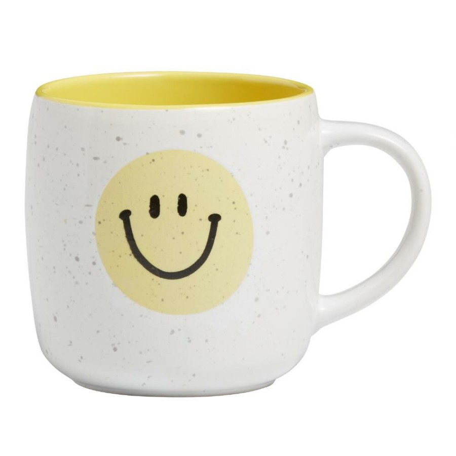 Drinkware * | World Market White And Yellow Speckled Smiley Face Ceramic Mug